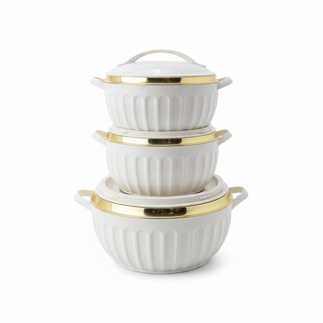 Asian Dignity Insulated Casserole Set - 3 white bowls with gold trim stacked