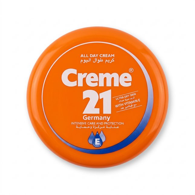 Creme 21 All Day Cream orange tub with blue detailing on white background