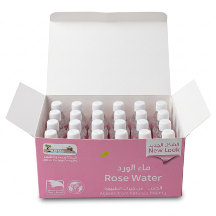 Open Aljaser Rose Water pack containing 24 mini bottles