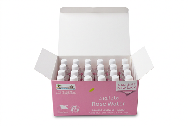 Open Aljaser Rose Water pack containing 24 mini bottles
