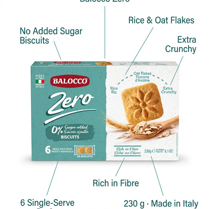 Balocco Zero rice and oat biscuits product highlights