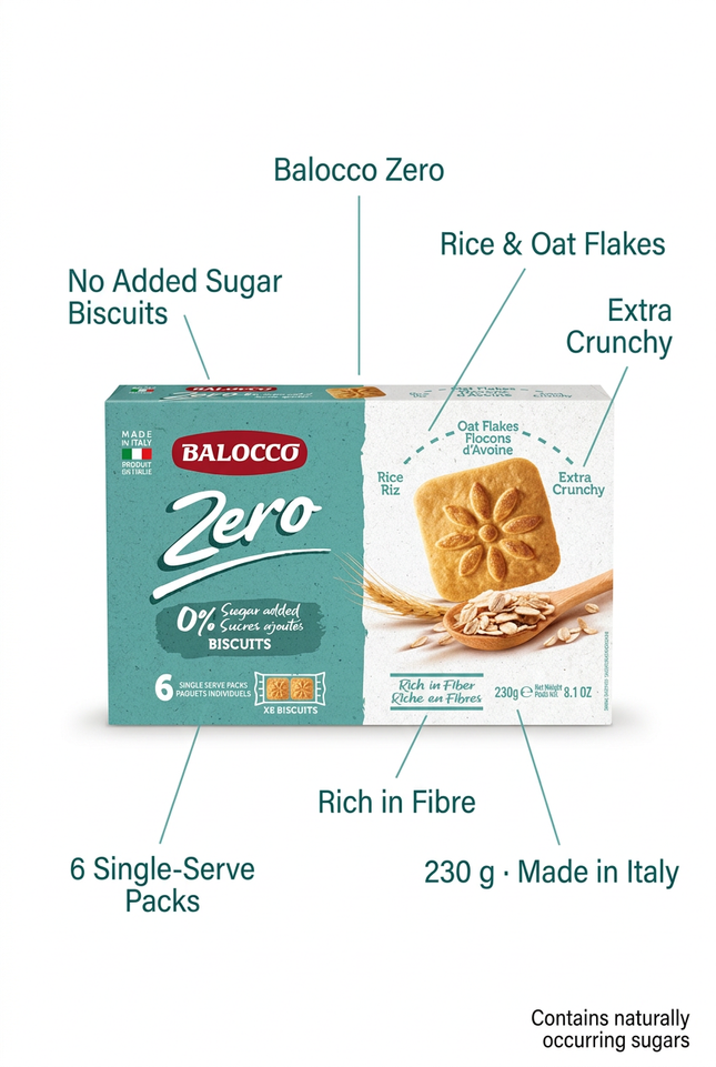 Balocco Zero rice and oat biscuits product highlights