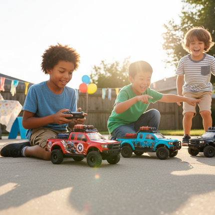 Boys Playing with Pickup R/C Cars at Birthday Party