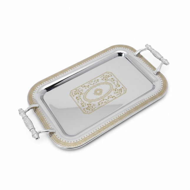 Silver serving tray angled view showing handles and engraved center