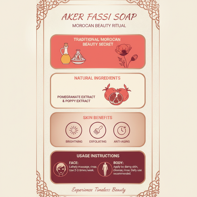 Aker Fassi soap benefits - Natural brightening and anti-aging properties infographic