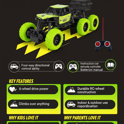 6 Wheel Alloy Climbing R/C Car Benefits Infographic