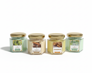 Ampliscent scented candles collection - Sandalwood, Tea Tree, Cinnamon, and Eucalyptus in elegant glass jars