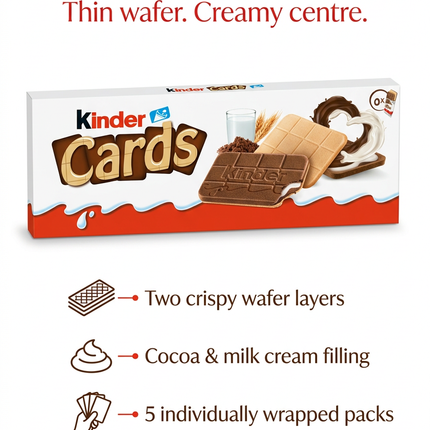 Kinder Cards infographic showing wafer layers, filling and five-pack contents