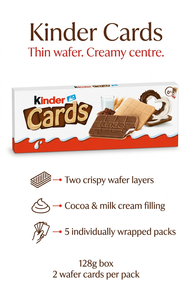 Kinder Cards infographic showing wafer layers, filling and five-pack contents