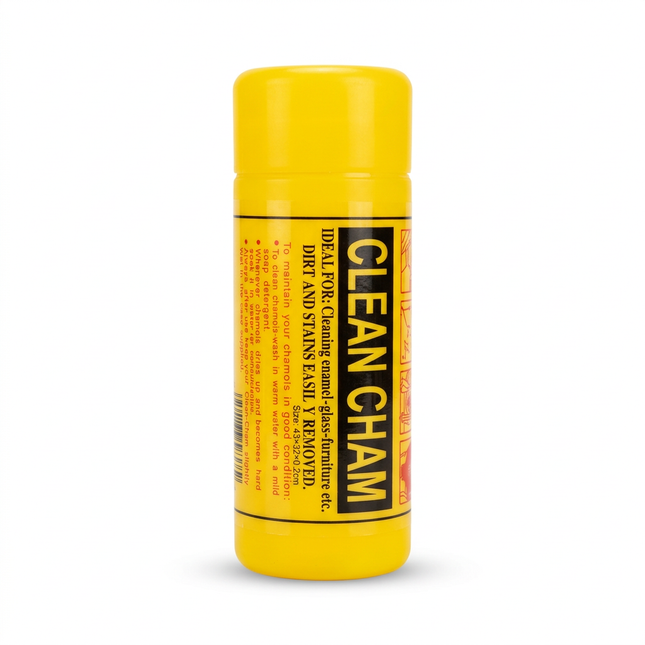 Clean Cham yellow cleaning chamois storage tube on white background