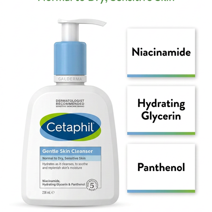 Cetaphil Gentle Skin Cleanser ingredient highlights, bottle without side sticker