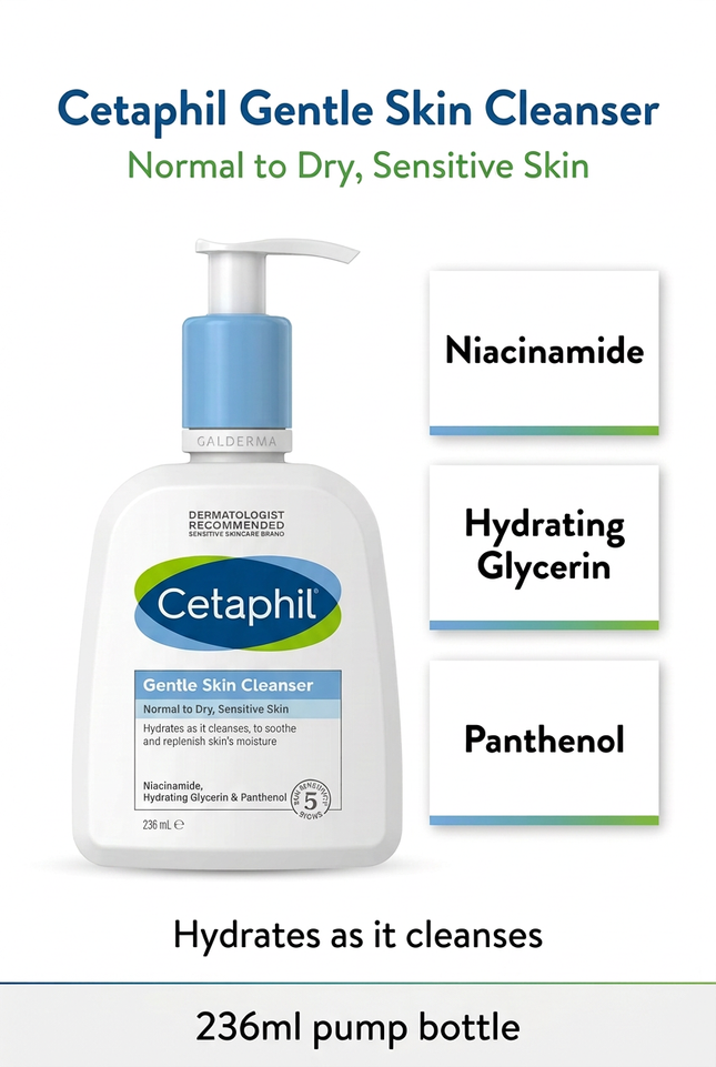 Cetaphil Gentle Skin Cleanser ingredient highlights, bottle without side sticker