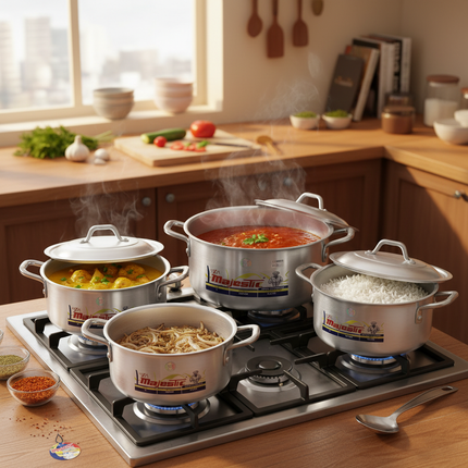 Lifestyle scene showing Majestic pots in use on stovetop