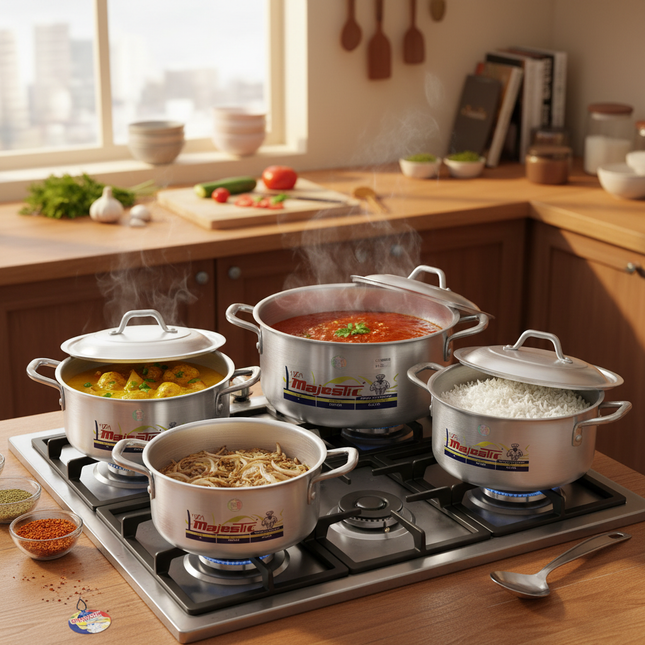 Lifestyle scene showing Majestic pots in use on stovetop