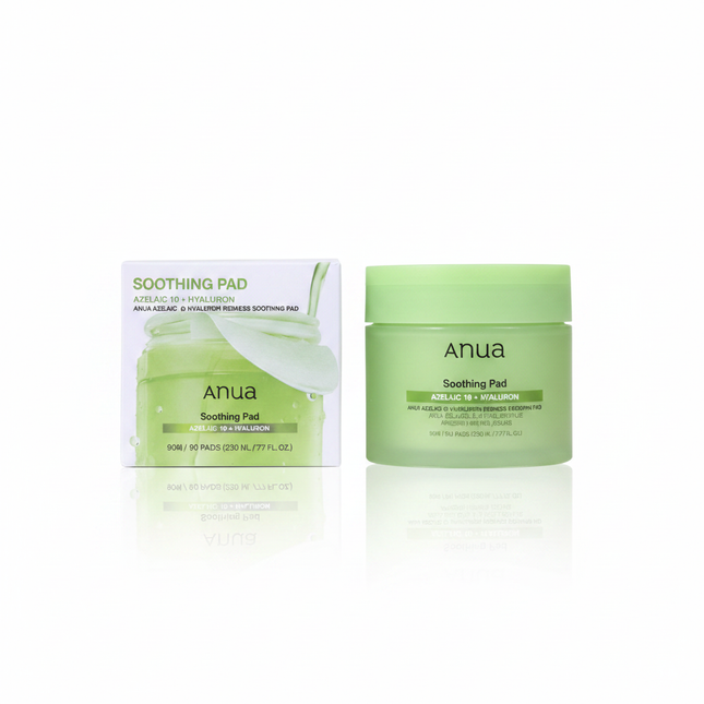 Anua Azelaic 10 Hyaluron Redness Soothing Pad - jar and box white background studio shot