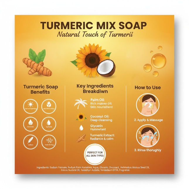 Turmeric soap benefits infographic showing ingredients and usage guide