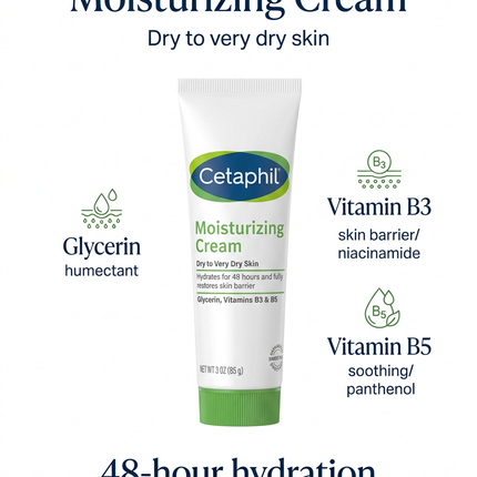 Cetaphil Moisturizing Cream 85g ingredient highlights and 48-hour hydration information