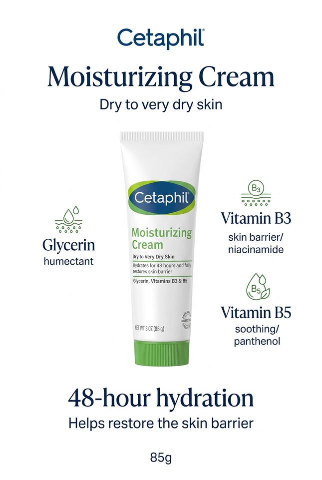 Cetaphil Moisturizing Cream 85g ingredient highlights and 48-hour hydration information