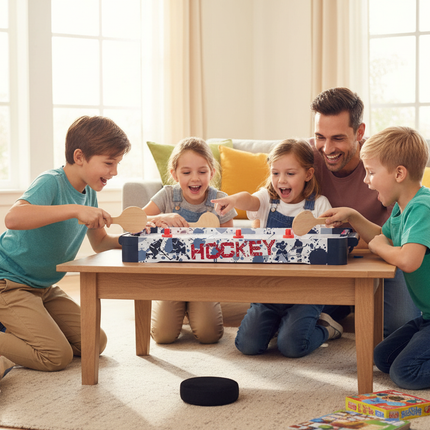 Family playing wooden ice hockey game together