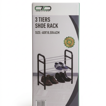 Original retail box for the 3-tier shoe rack, size 40 × 18.5 × 44cm, on a white background