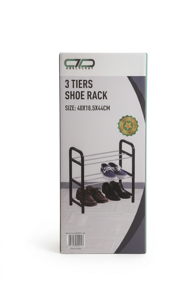 Original retail box for the 3-tier shoe rack, size 40 × 18.5 × 44cm, on a white background