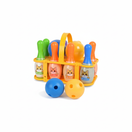 Kids bowling set with 10 colorful pins and carrying basket