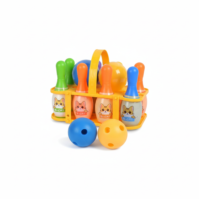 Kids bowling set with 10 colorful pins and carrying basket