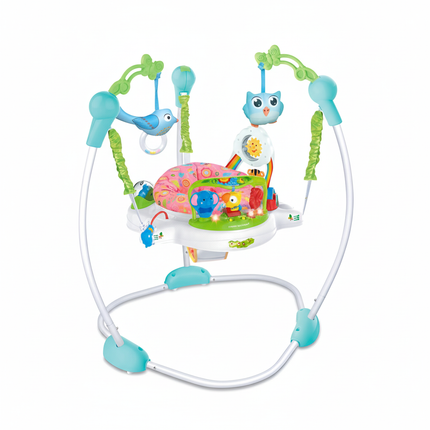 Turquoise baby activity jumper with hanging toys