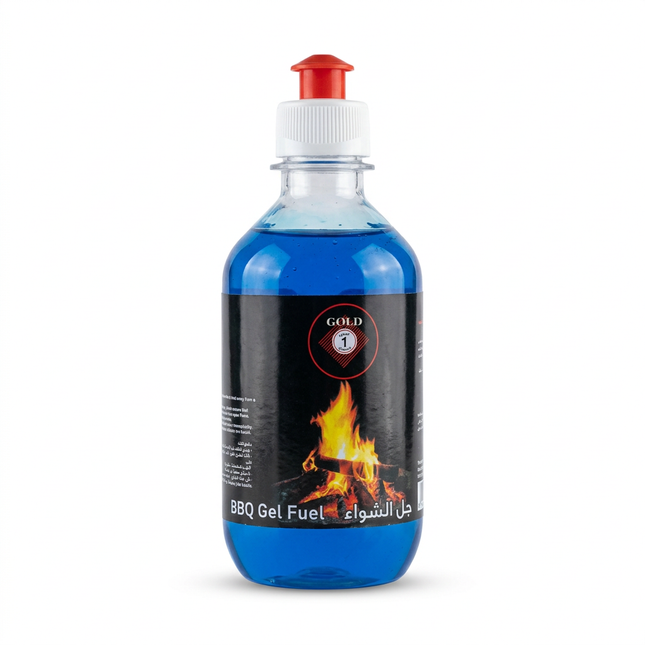 Gold BBQ Gel Fuel blue gel bottle on white background