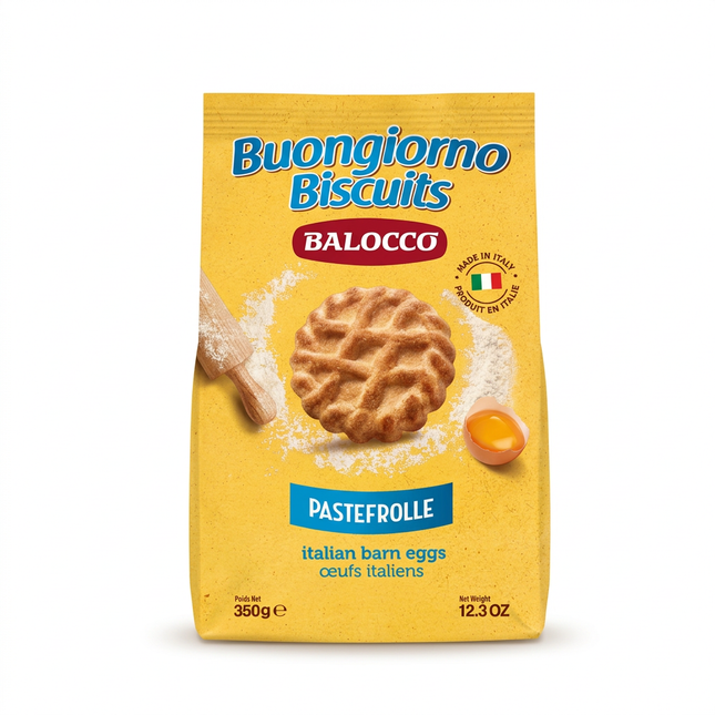 Balocco Buongiorno Pastefrolle biscuits 350 g yellow bag on a white background