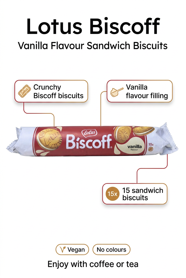 Lotus Biscoff Vanilla 15 sandwich biscuits information