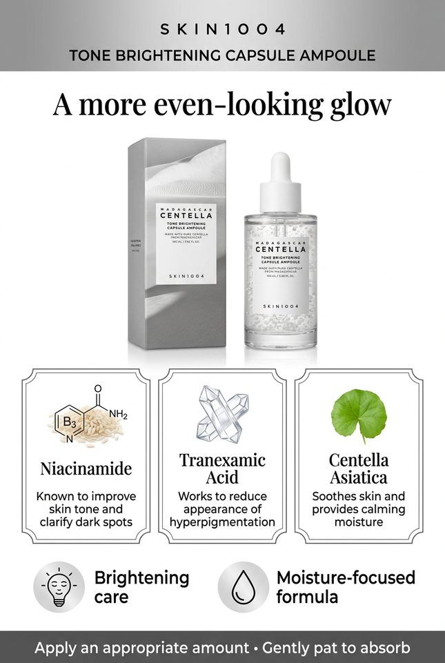 SKIN1004 Tone Brightening Ampoule ingredient and usage infographic