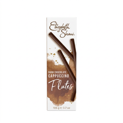 Elizabeth Shaw Dark Chocolate Cappuccino Flutes 105g carton on white