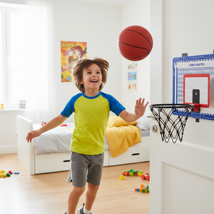 Child playing with indoor basketball hoop