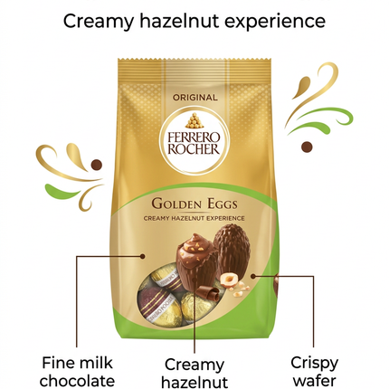 Original Golden Eggs infographic showing milk chocolate shell and hazelnut filling