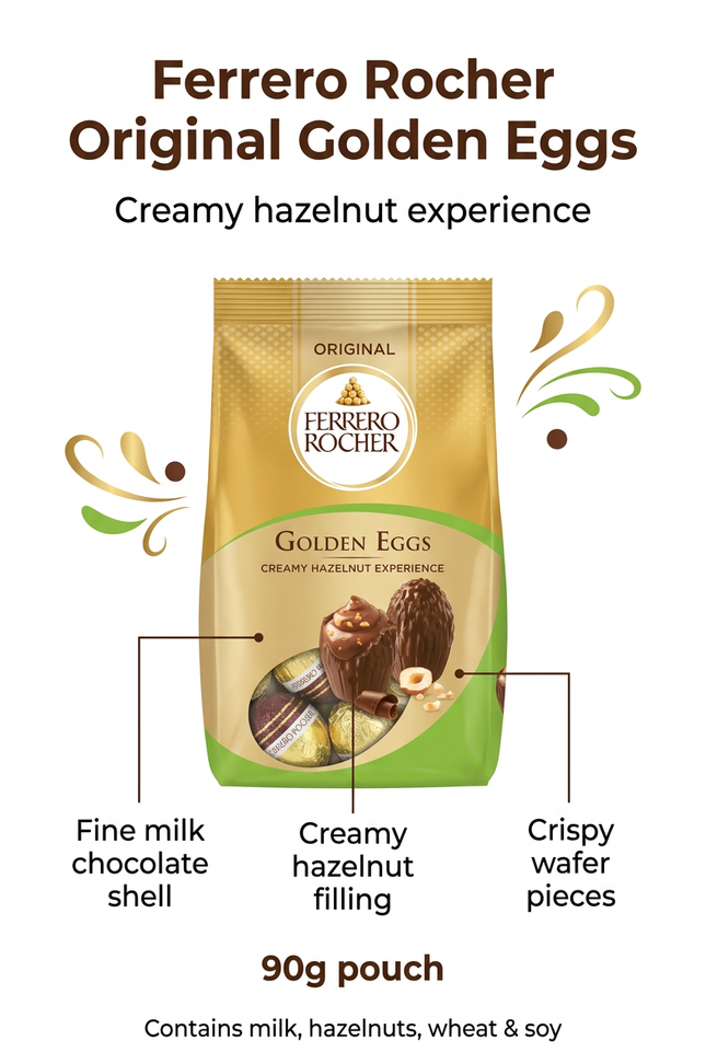 Original Golden Eggs infographic showing milk chocolate shell and hazelnut filling