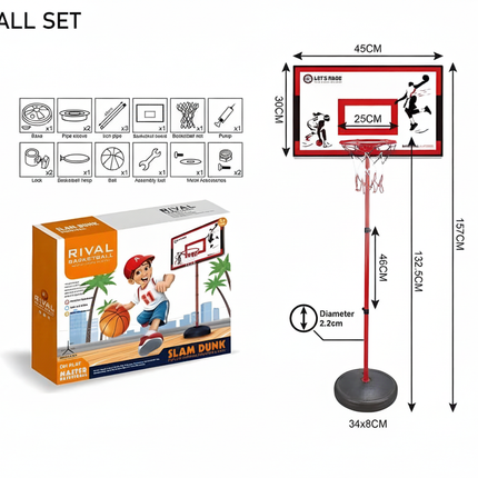 Basketball set with adjustable height and dimensions