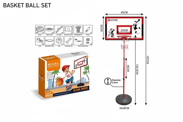 Basketball set with adjustable height and dimensions