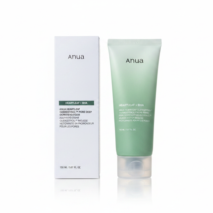 ANUA Heartleaf Quercetinol Pore Deep Cleansing Foam — box and tube on white background