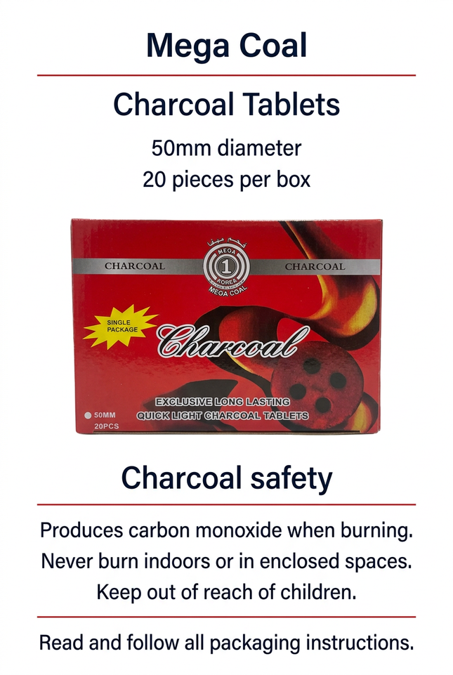 Mega Coal charcoal tablets 50mm 20 pieces with charcoal safety information