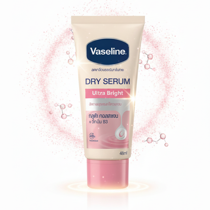 Vaseline Dry Serum Ultra Bright hero shot with sparkle effects