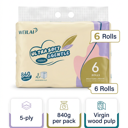 Weilai six-roll toilet tissue information image with current packaging and two-hole carry handle, 5-ply, 840g and virgin wood pulp