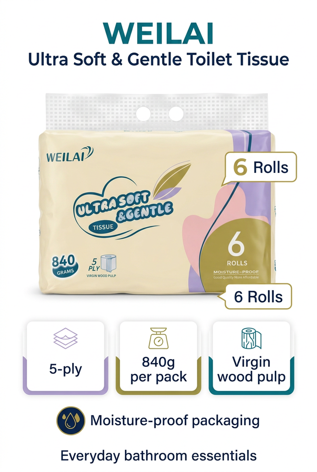 Weilai six-roll toilet tissue information image with current packaging and two-hole carry handle, 5-ply, 840g and virgin wood pulp
