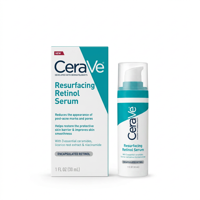CeraVe Resurfacing Retinol Serum 30 ml bottle and box on white background
