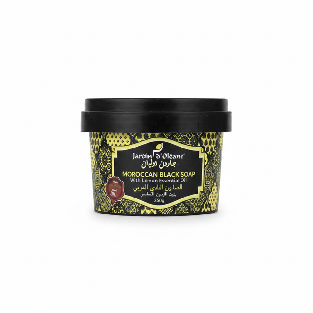 Jardin d'Oléane Moroccan Black Soap Lemon Essential Oil 250g clean white background