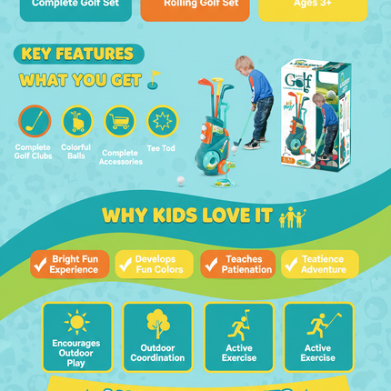 Golf set benefits and features infographic