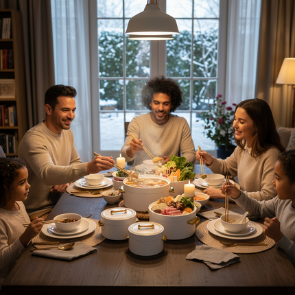 Lifestyle scene showing MXIMA hotpots at elegant dining table
