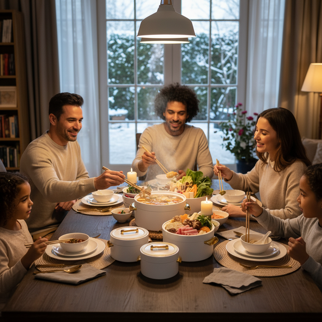Lifestyle scene showing MXIMA hotpots at elegant dining table