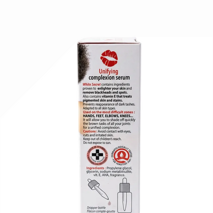 White Secret serum English packaging information panel