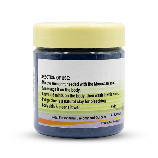 Indigo Blue jar back label on white